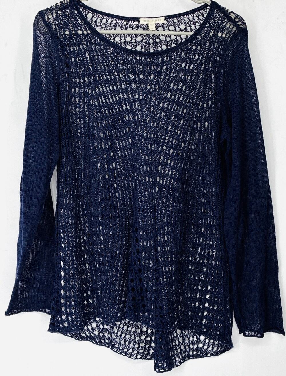 Eileen Fisher Organic Linen Open Knit Navy Sweater Beach Cover Up Medium